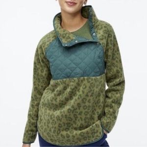 J.Crew Green Leopard Print Fleece Pullover Sweater with Quilted Detail Size XS